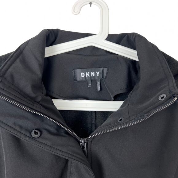 DKNY Black Hooded Belted Coat Women’s Medium Softshell Trench Jacket - Picture 3 of 8